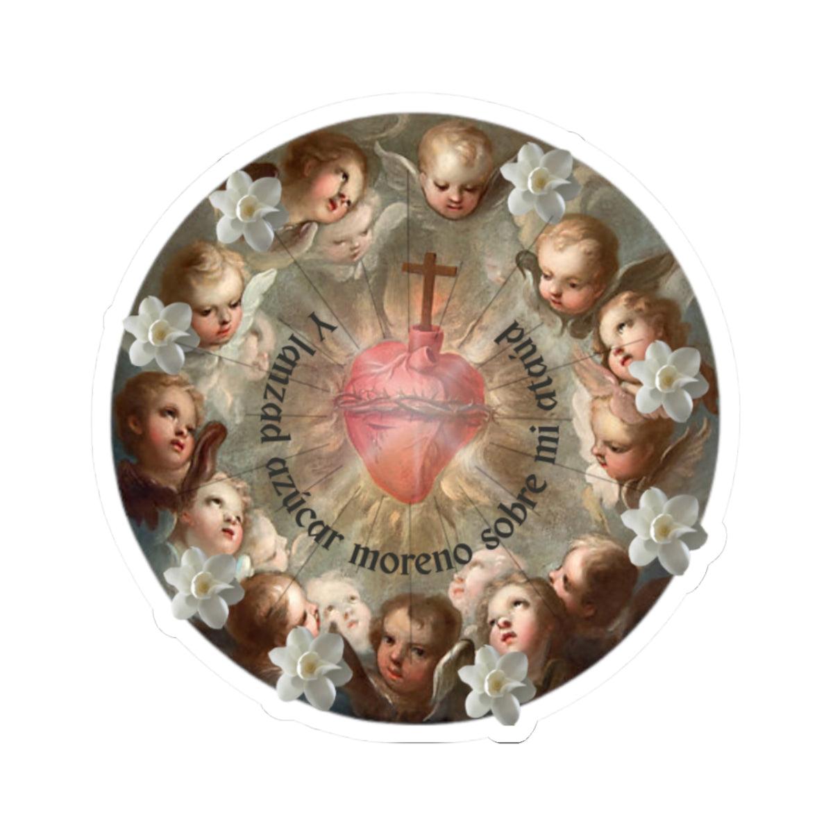 Sacred Heart Angel Sticker — “Azúcar Moreno Sobre Mi Ataúd” Kiss-Cut Sticker